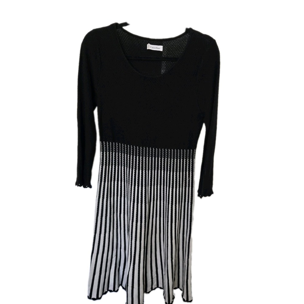 Calvin Klein Women's Dress Medium Black White Sweater Dress Knee Length Striped